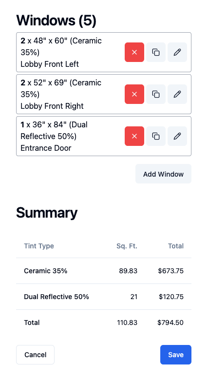 Tint Log calculator: tint types and windows list on mobile